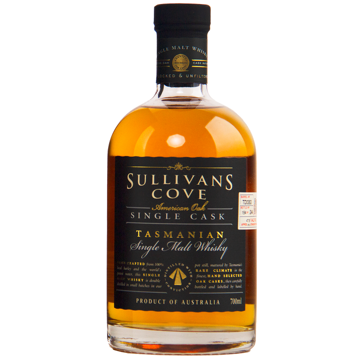 A bottle of Sullivans Cove American Oak Ex-Bourbon Single Cask TD0353 700ml features a black and gold label, black cap, and amber whisky—proudly presented as a premium Australian product.