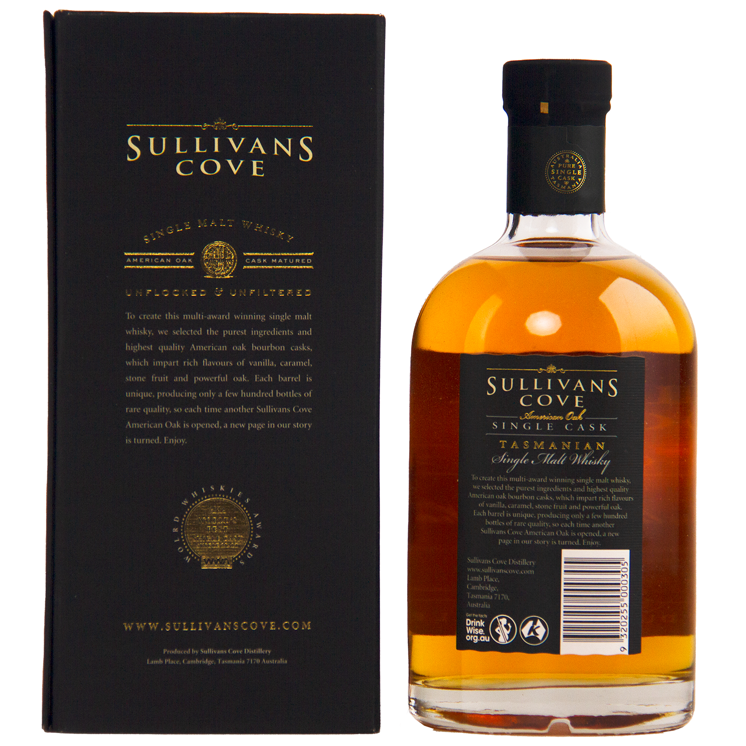 A bottle of Sullivans Cove American Oak Ex-Bourbon Single Cask TD0353 700ml stands beside its black and gold box, both adorned with elegant gold lettering and detailed product information.