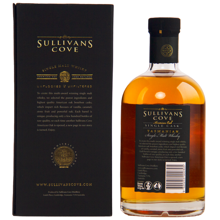 A bottle of Sullivans Cove American Oak Ex-Bourbon Single Cask TD0353 700ml stands beside its black and gold box, both adorned with elegant gold lettering and detailed product information.