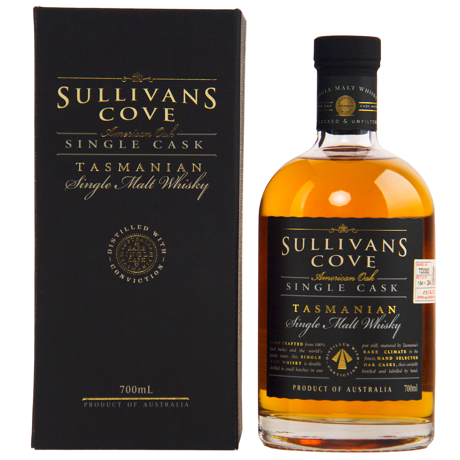 A bottle of Sullivans Cove American Oak Ex-Bourbon Single Cask TD0353 700ml is displayed beside its black and gold box, both showing detailed product information.