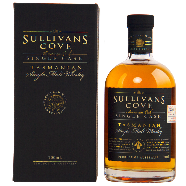A bottle of Sullivans Cove American Oak Ex-Bourbon Single Cask TD0353 700ml is displayed beside its black and gold box, both showing detailed product information.
