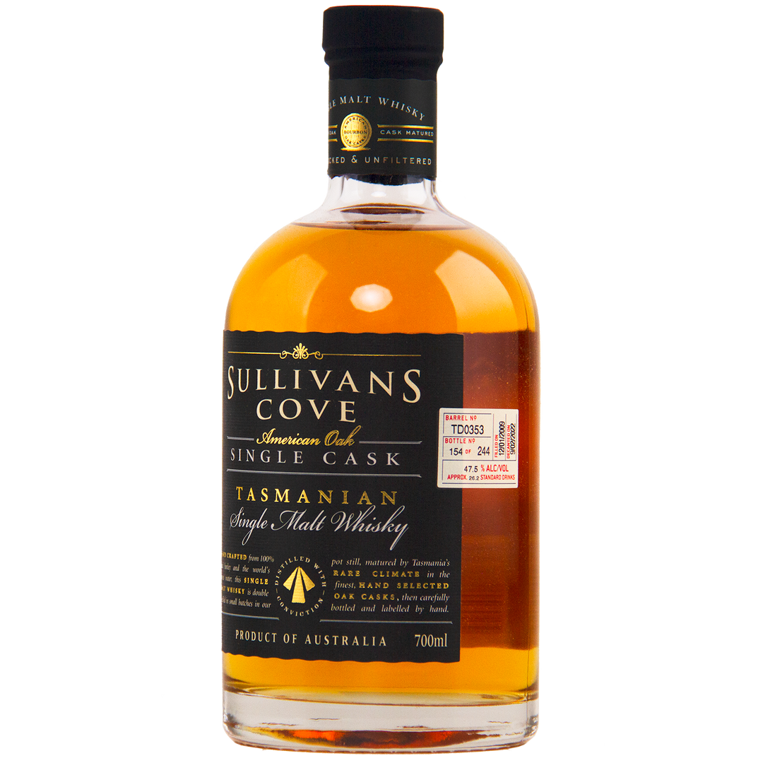 A 700ml bottle of Sullivans Cove American Oak Ex-Bourbon Single Cask TD0353, featuring a black label with gold accents, is displayed against a white background.