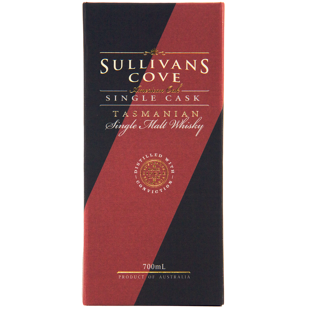 Front view of a Sullivans Cove American Oak Second Fill Single Cask Single Malt Whisky 700ml TD0082 box, with gold and white text on a diagonal black and maroon background, a circular gold seal, and “Product of Australia” at the bottom—limited edition.