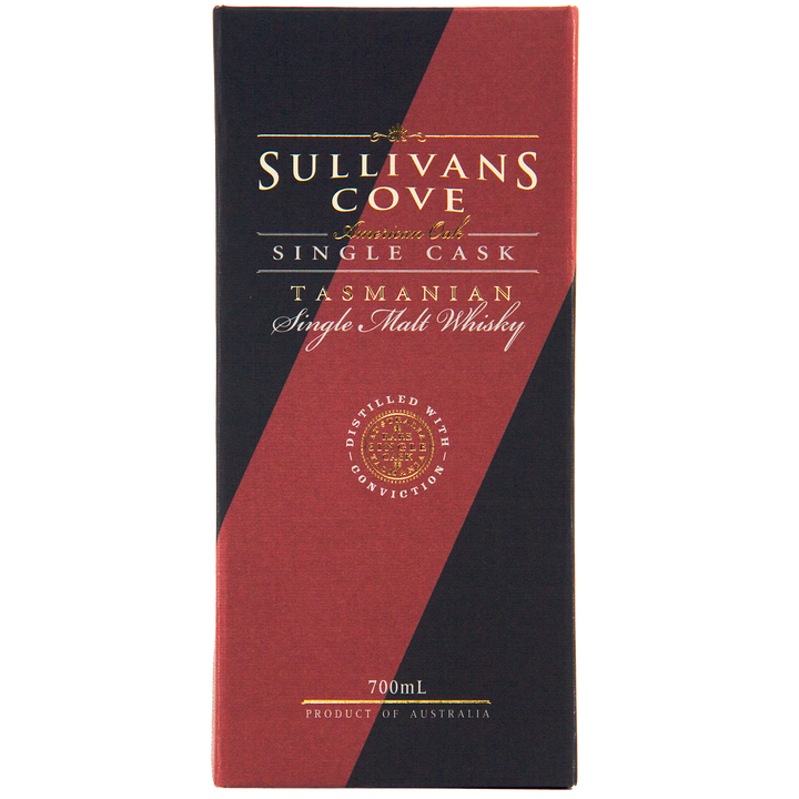 Front view of a Sullivans Cove American Oak Second Fill Single Cask Single Malt Whisky 700ml TD0082 box, with gold and white text on a diagonal black and maroon background, a circular gold seal, and “Product of Australia” at the bottom—limited edition.