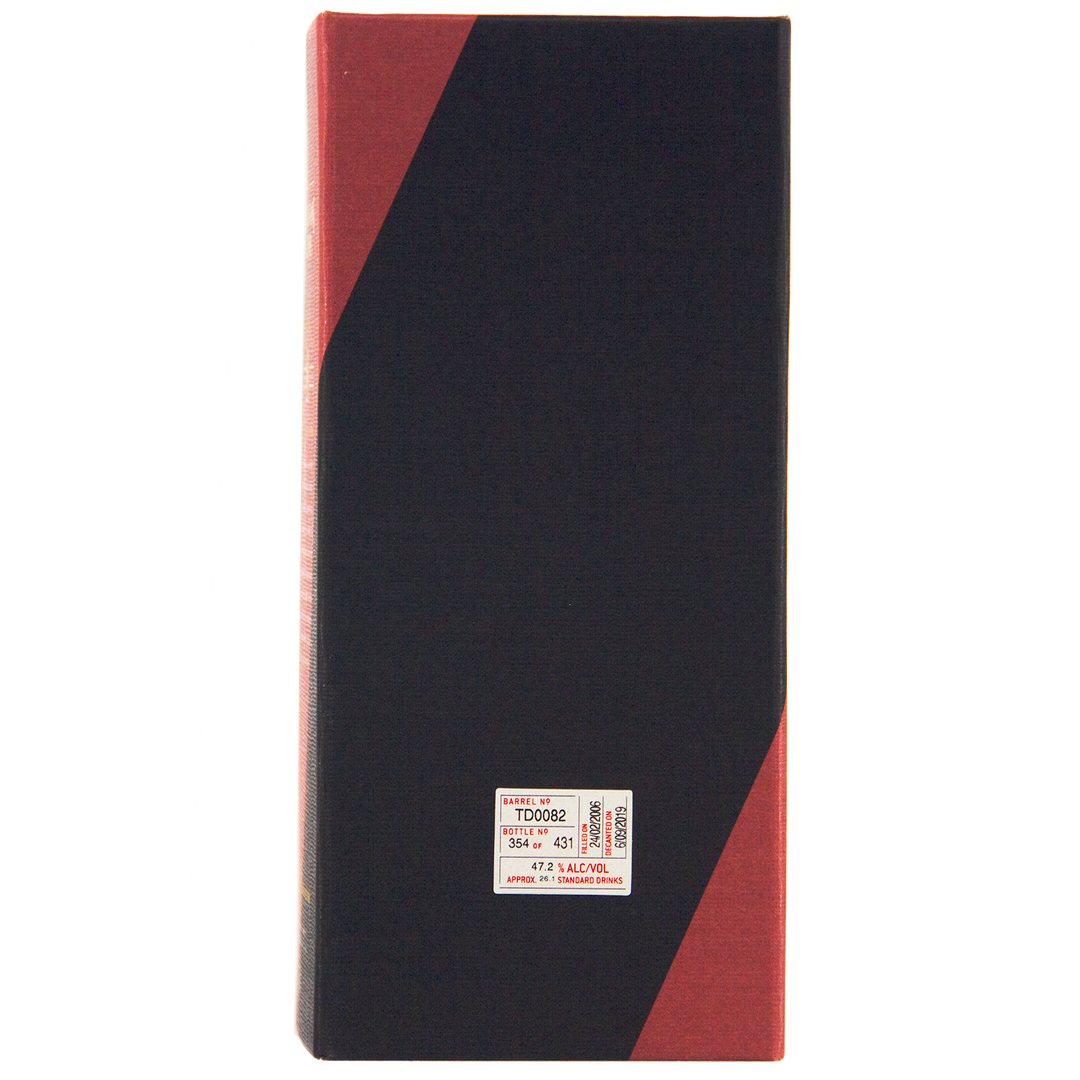 A rectangular box with a dark front, red edges, and a white label near the bottom center displaying barcodes and details—perfect for housing the Sullivans Cove American Oak Second Fill Single Cask Single Malt Whisky 700ml TD0082.