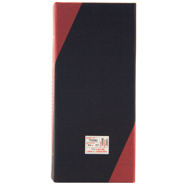 A rectangular box with a dark front, red edges, and a white label near the bottom center displaying barcodes and details—perfect for housing the Sullivans Cove American Oak Second Fill Single Cask Single Malt Whisky 700ml TD0082.