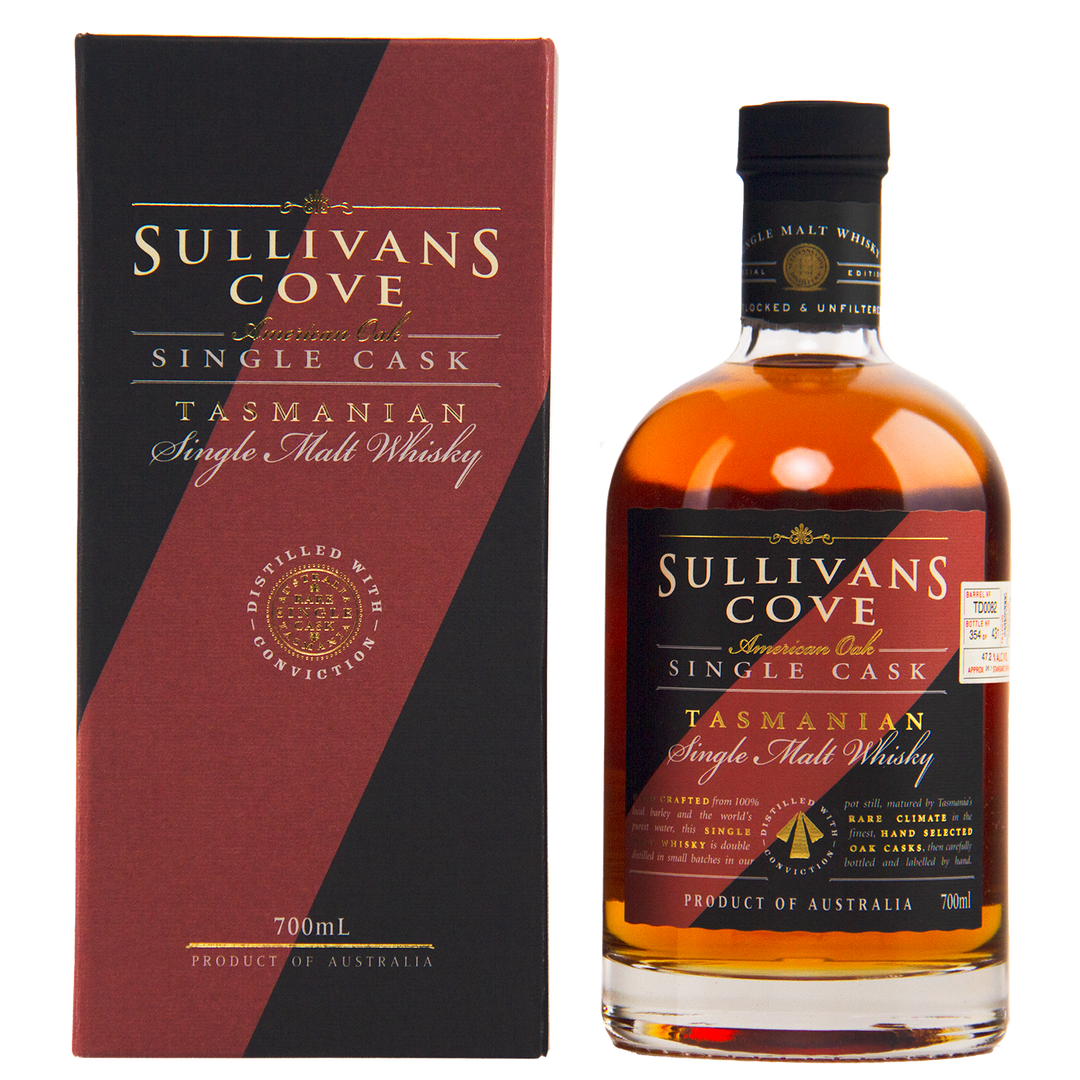 A bottle of Sullivans Cove American Oak Second Fill Single Cask Single Malt Whisky 700ml TD0082 stands beside its matching box, both featuring gold and red accents and labeled as a limited edition Australian single cask whisky.