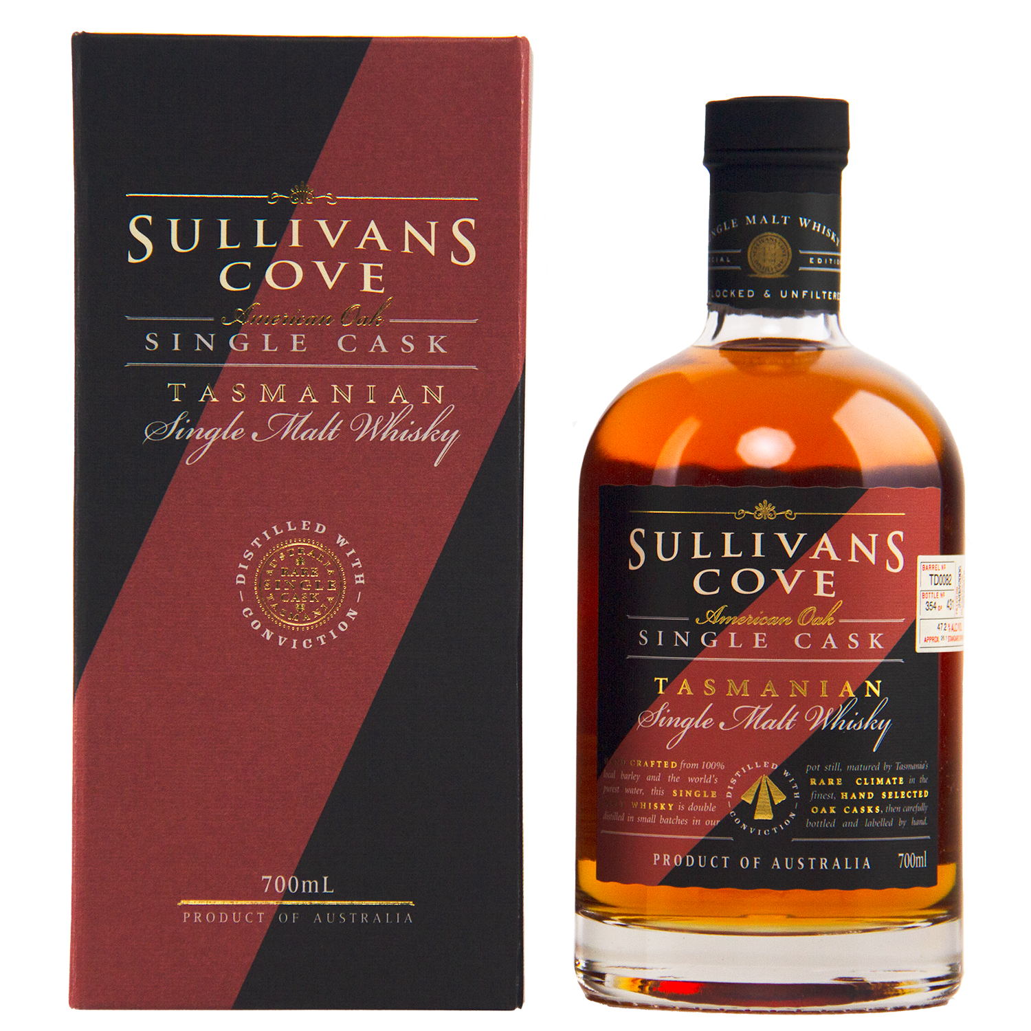 A bottle of Sullivans Cove American Oak Second Fill Single Cask Single Malt Whisky 700ml TD0082 stands beside its matching box, both featuring gold and red accents and labeled as a limited edition Australian single cask whisky.