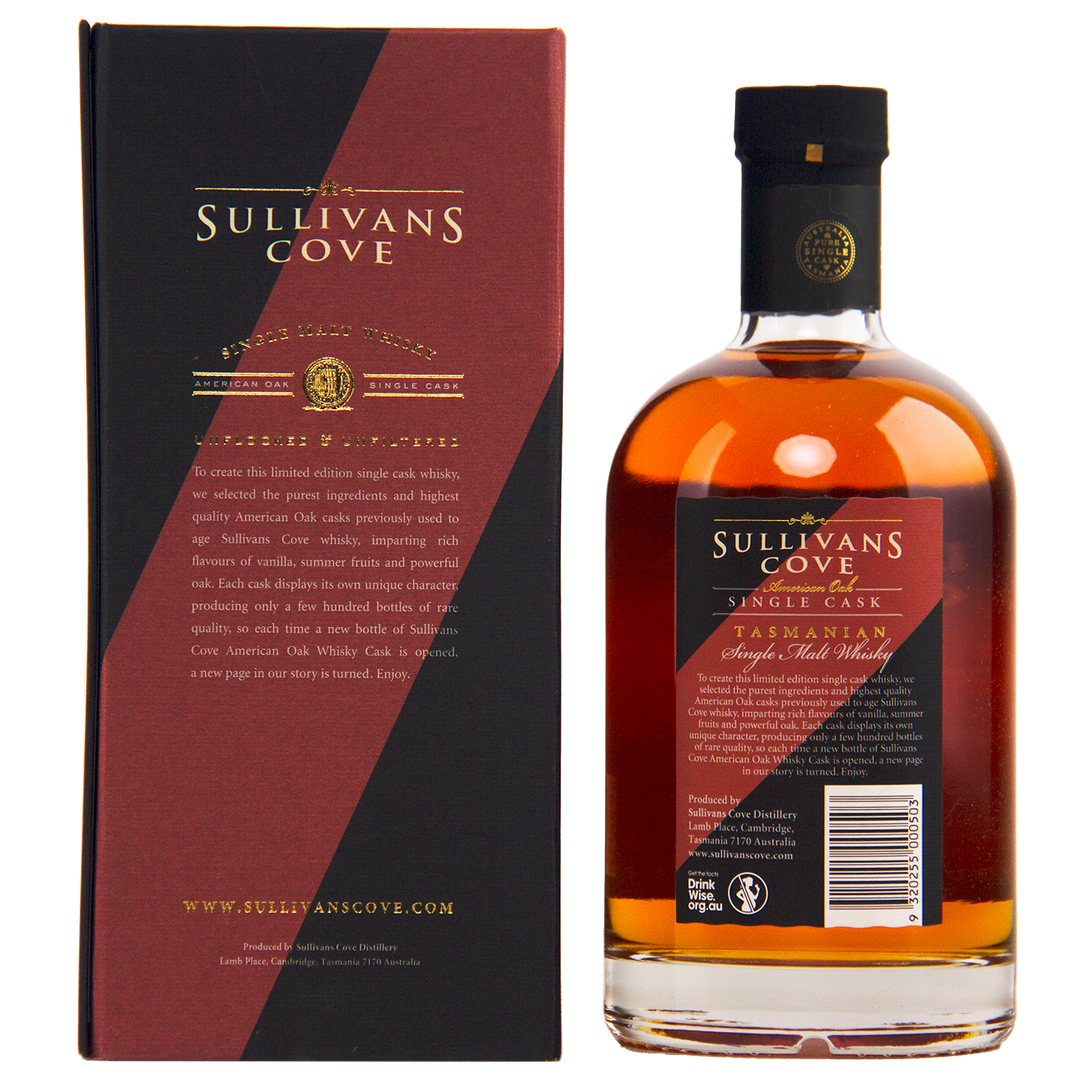 A bottle of Sullivans Cove American Oak Second Fill Single Cask Single Malt Whisky 700ml TD0082 stands beside its matching box, both featuring gold and red accents on black, highlighting premium single cask whisky branding.