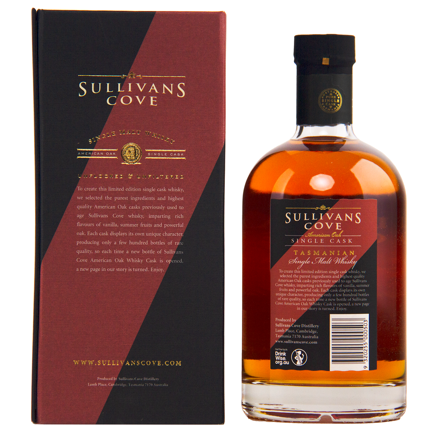 A bottle of Sullivans Cove American Oak Second Fill Single Cask Single Malt Whisky 700ml TD0082 stands beside its matching box, both featuring gold and red accents on black, highlighting premium single cask whisky branding.