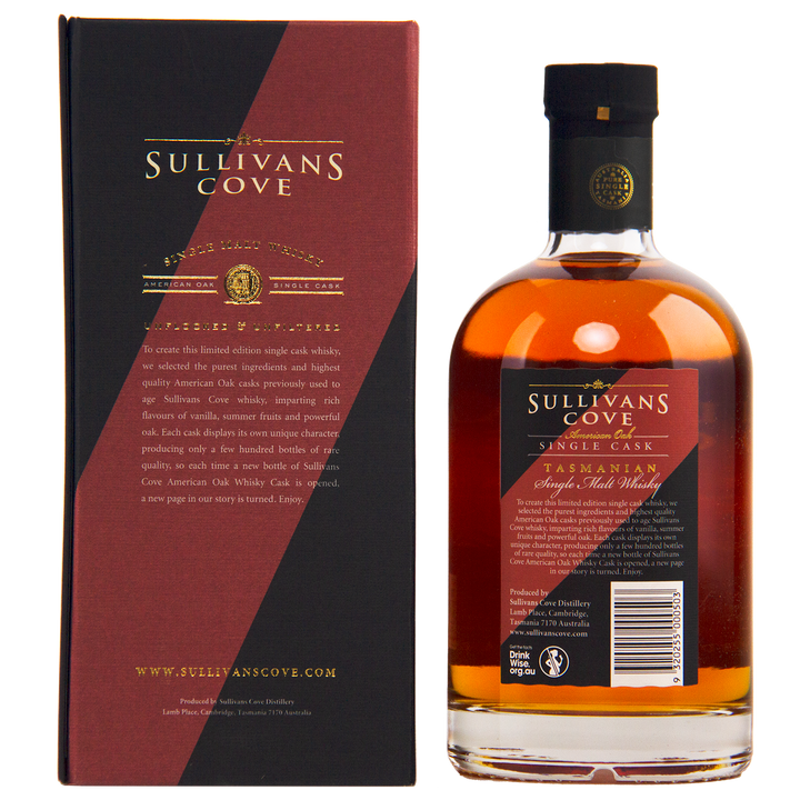 A bottle of Sullivans Cove American Oak Second Fill Single Cask Single Malt Whisky 700ml TD0082 stands beside its matching box, both featuring gold and red accents on black, highlighting premium single cask whisky branding.
