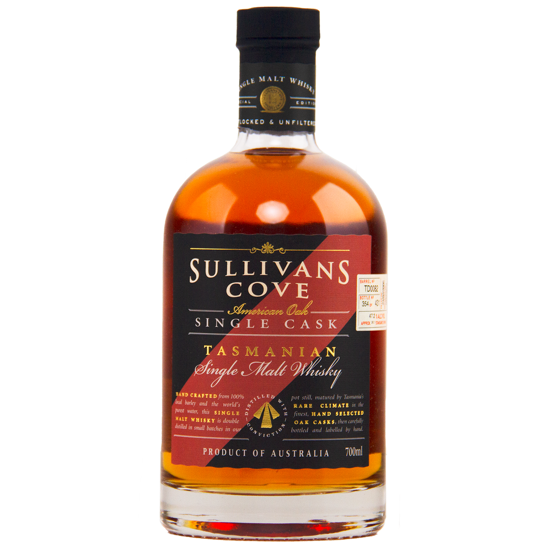 A bottle of Sullivans Cove American Oak Second Fill Single Cask Single Malt Whisky 700ml TD0082, a limited edition with a black label, gold and red text, and a gold seal, shown on a plain white background.