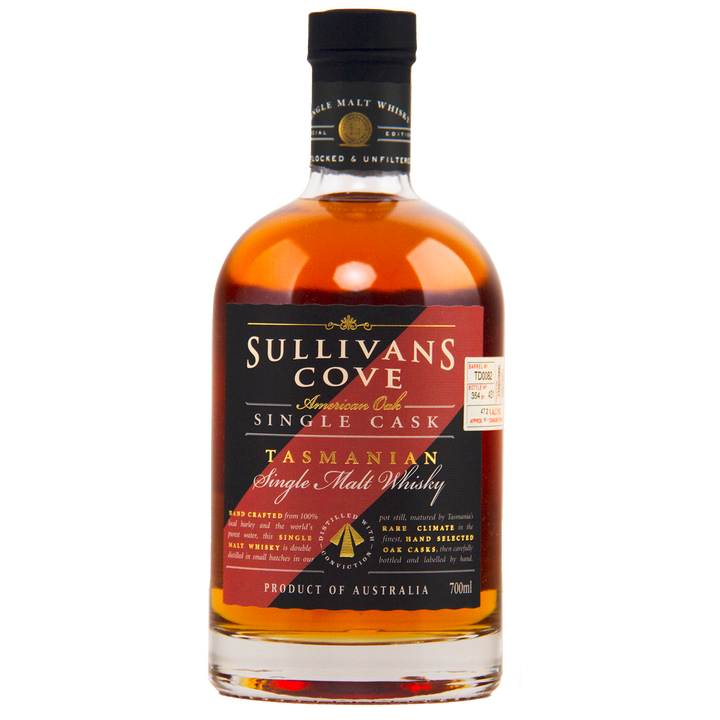 A bottle of Sullivans Cove American Oak Second Fill Single Cask Single Malt Whisky 700ml TD0082, a limited edition with a black label, gold and red text, and a gold seal, shown on a plain white background.