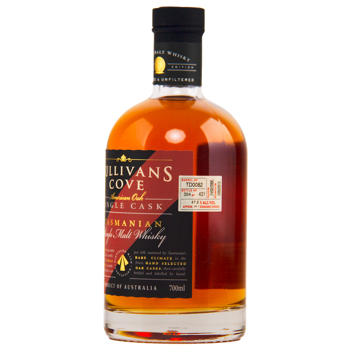 A 700ml bottle of Sullivans Cove American Oak Second Fill Single Cask Single Malt Whisky TD0082, with a black cap and gold-accented label, is displayed against a plain white background.