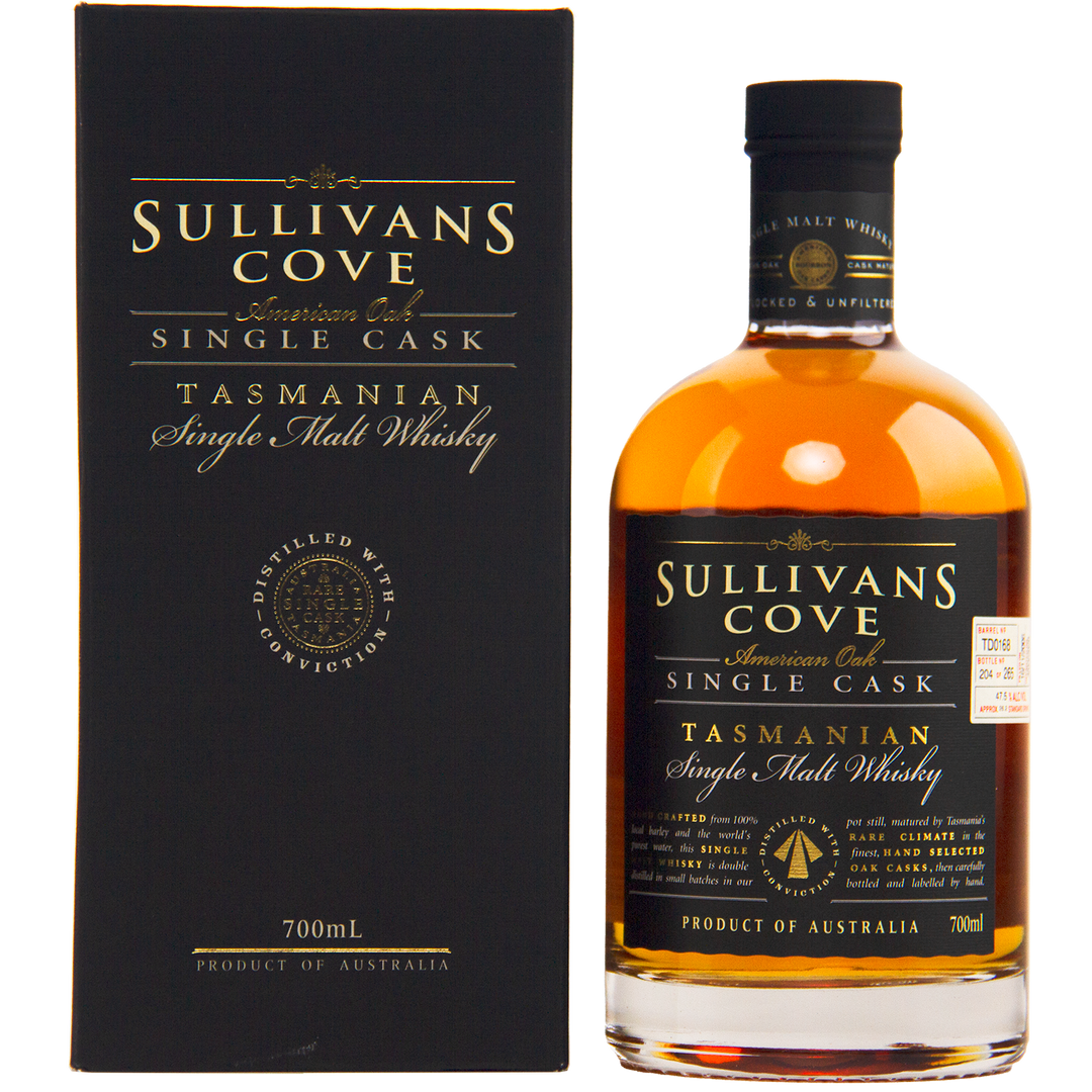 A bottle of Sullivans Cove American Oak Single Cask Single Malt Whisky 700ml TD0168 is displayed beside its black and gold box, labeled as a limited release product of Australia.