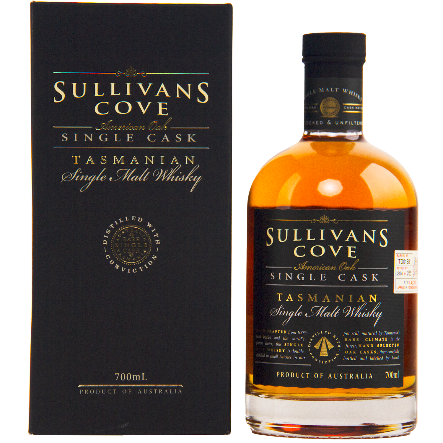 A bottle of Sullivans Cove American Oak Single Cask Single Malt Whisky 700ml TD0168 is displayed beside its black and gold box, labeled as a limited release product of Australia.