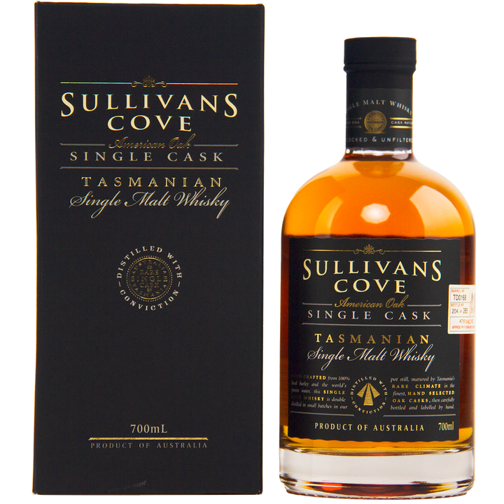 A bottle of Sullivans Cove American Oak Single Cask Single Malt Whisky 700ml TD0168 is displayed beside its black and gold box, labeled as a limited release product of Australia.