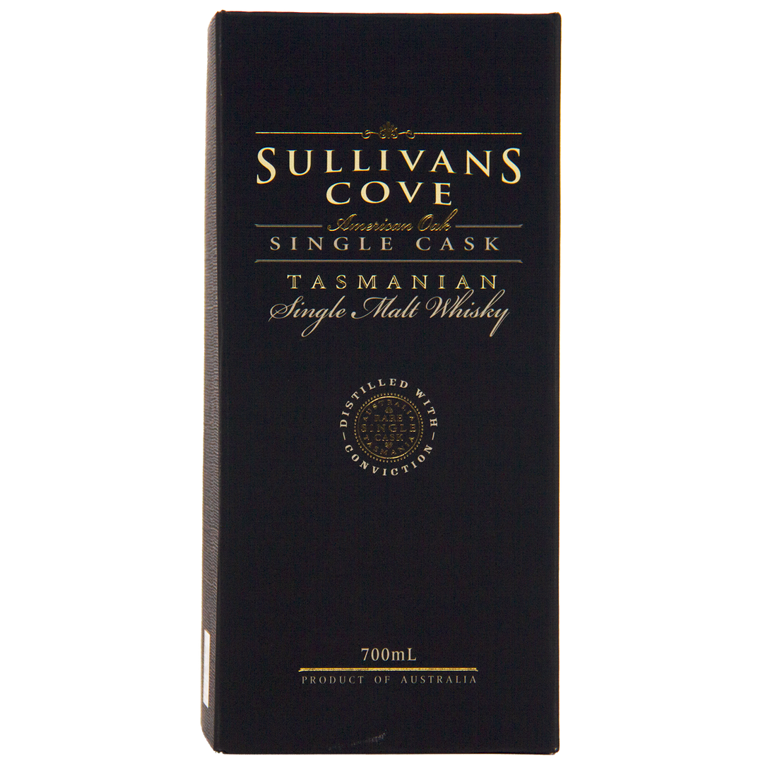 The Sullivans Cove American Oak Single Cask Single Malt Whisky 700ml TD0168 comes in a black box with gold writing, highlighting it as a limited release and displaying "Product of Australia" at the bottom.