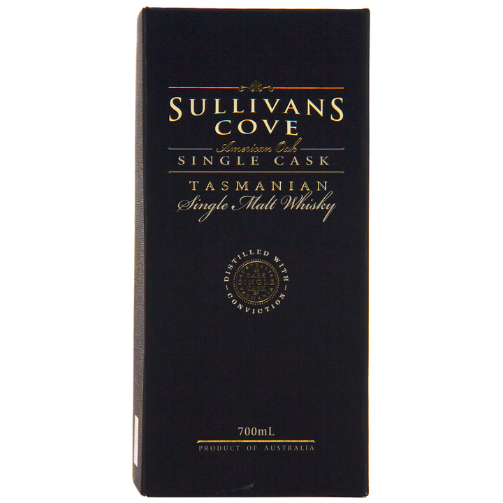 The Sullivans Cove American Oak Single Cask Single Malt Whisky 700ml TD0168 comes in a black box with gold writing, highlighting it as a limited release and displaying "Product of Australia" at the bottom.