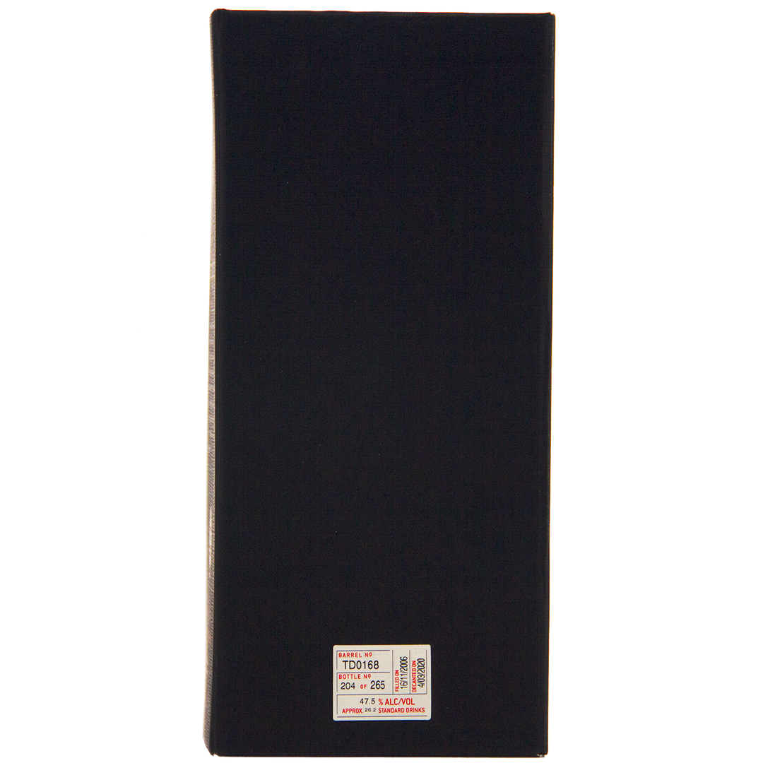 A black rectangular box stands upright with a small white sticker at the bottom showing text, numbers, and a barcode—identifying it as Sullivans Cove American Oak Single Cask Single Malt Whisky 700ml TD0168. The rest of the box is plain.