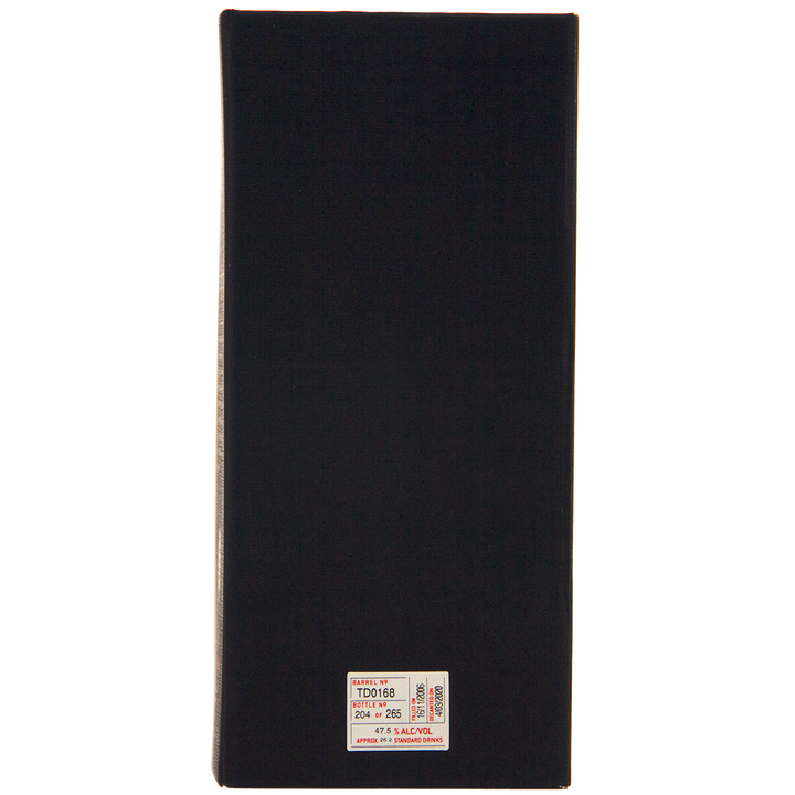 A black rectangular box stands upright with a small white sticker at the bottom showing text, numbers, and a barcode—identifying it as Sullivans Cove American Oak Single Cask Single Malt Whisky 700ml TD0168. The rest of the box is plain.