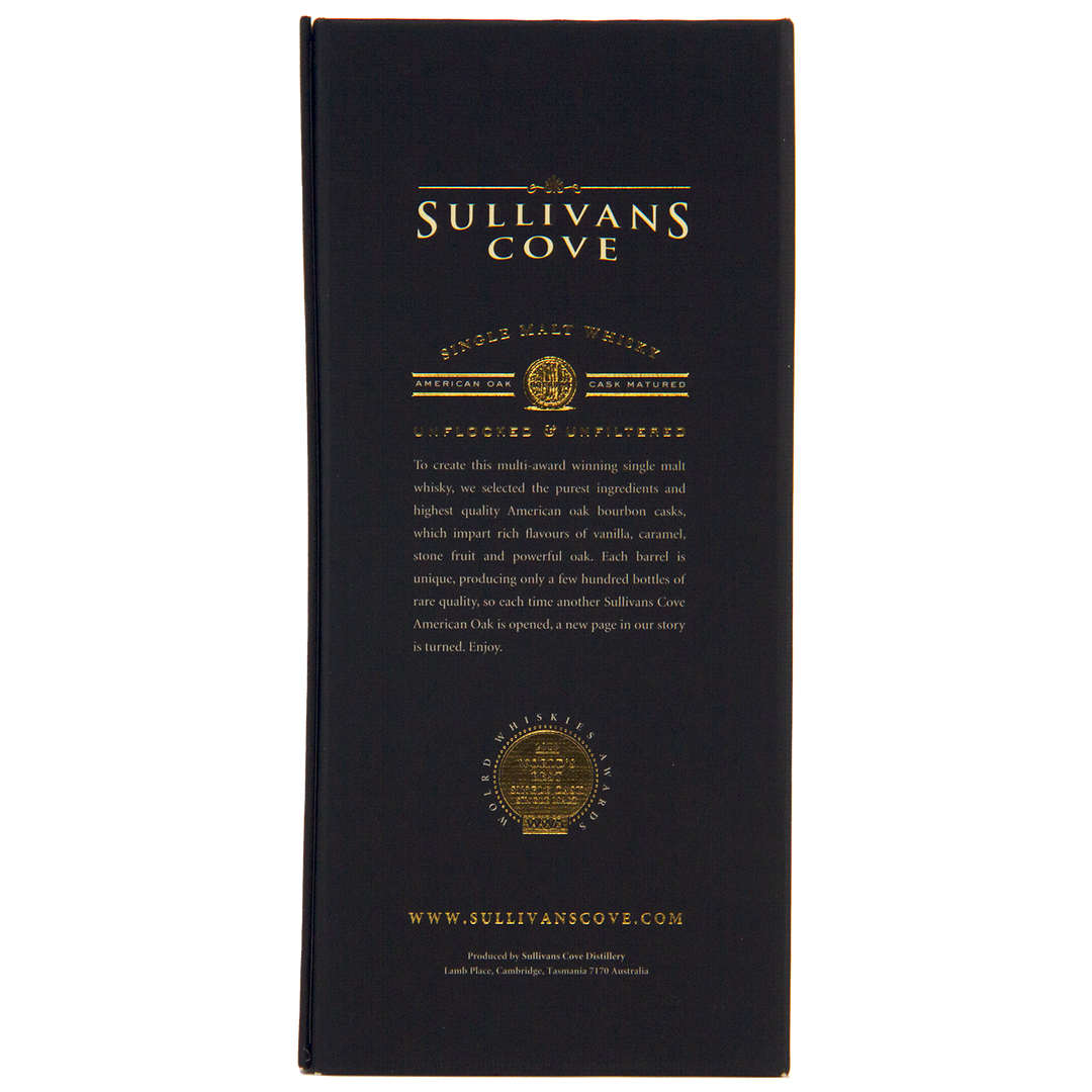 Navy blue Sullivans Cove American Oak Single Cask Single Malt Whisky 700ml TD0168 box with gold text features the brand’s story, website, a gold emblem, and fine print at the bottom.