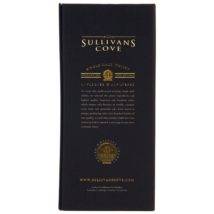 Navy blue Sullivans Cove American Oak Single Cask Single Malt Whisky 700ml TD0168 box with gold text features the brand’s story, website, a gold emblem, and fine print at the bottom.