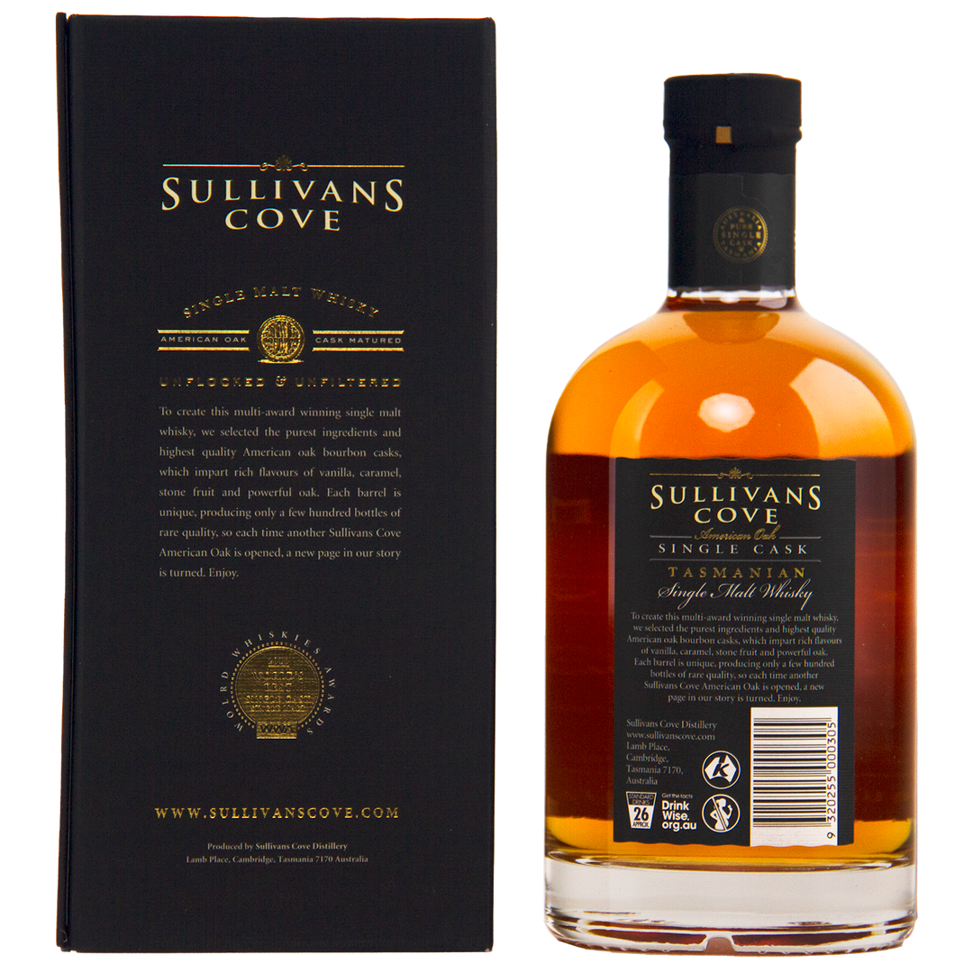 A bottle of Sullivans Cove American Oak Single Cask Single Malt Whisky 700ml TD0168 stands next to its black and gold box, both displaying detailed labels with product information and branding.