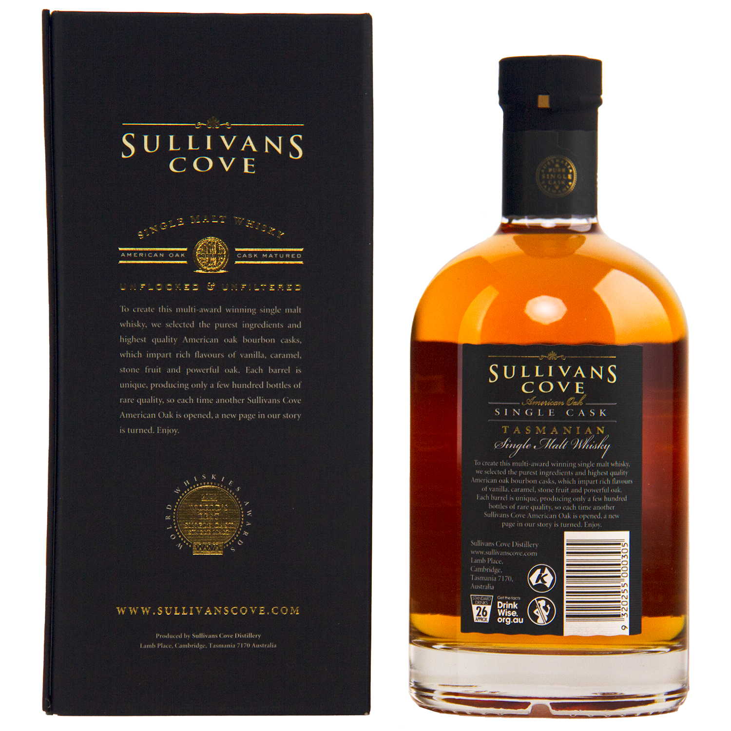 A bottle of Sullivans Cove American Oak Single Cask Single Malt Whisky 700ml TD0168 stands next to its black and gold box, both displaying detailed labels with product information and branding.