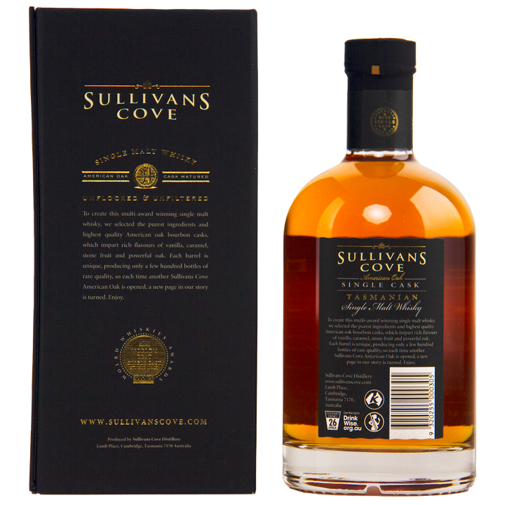 A bottle of Sullivans Cove American Oak Single Cask Single Malt Whisky 700ml TD0168 stands next to its black and gold box, both displaying detailed labels with product information and branding.