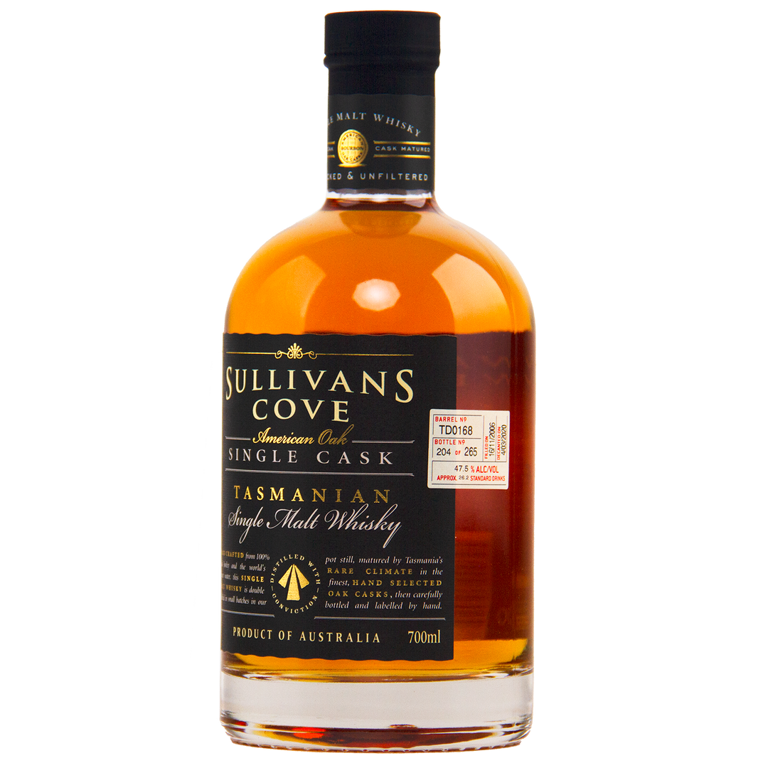 A 700ml bottle of Sullivans Cove American Oak Single Cask Single Malt Whisky TD0168, featuring a black label with gold and white text plus a red cask details sticker. Product of Australia.