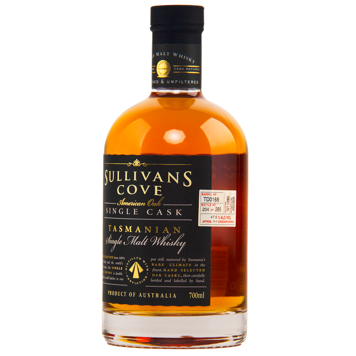 A 700ml bottle of Sullivans Cove American Oak Single Cask Single Malt Whisky TD0168, featuring a black label with gold and white text plus a red cask details sticker. Product of Australia.
