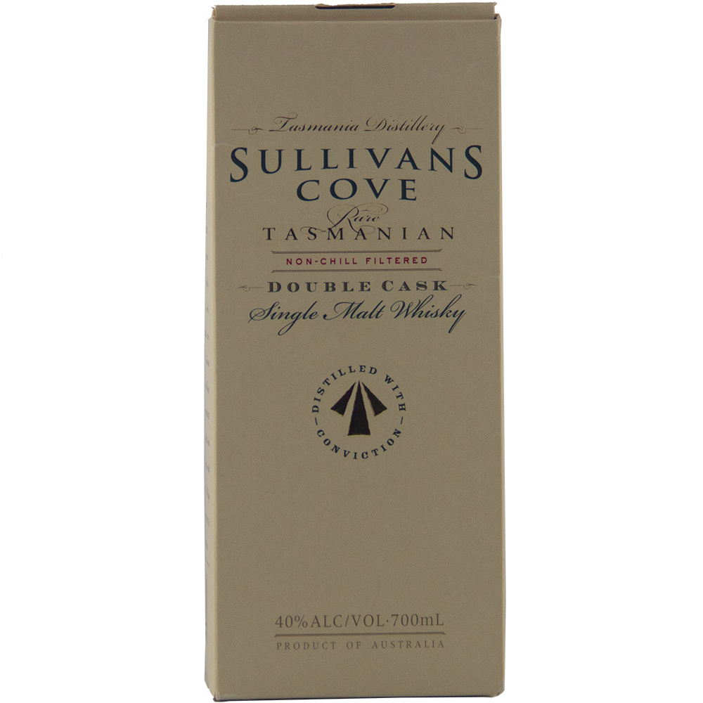 A beige box of Sullivans Cove Double Cask DC079 Single Malt Whisky, matured in French and American oak casks, features dark blue text, a small black sailboat logo, 40% ABV, and a 700ml size.