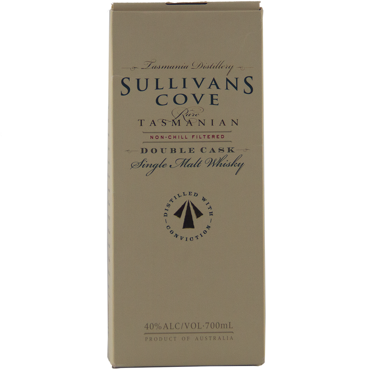 A beige box of Sullivans Cove Double Cask DC079 Single Malt Whisky, matured in French and American oak casks, features dark blue text, a small black sailboat logo, 40% ABV, and a 700ml size.