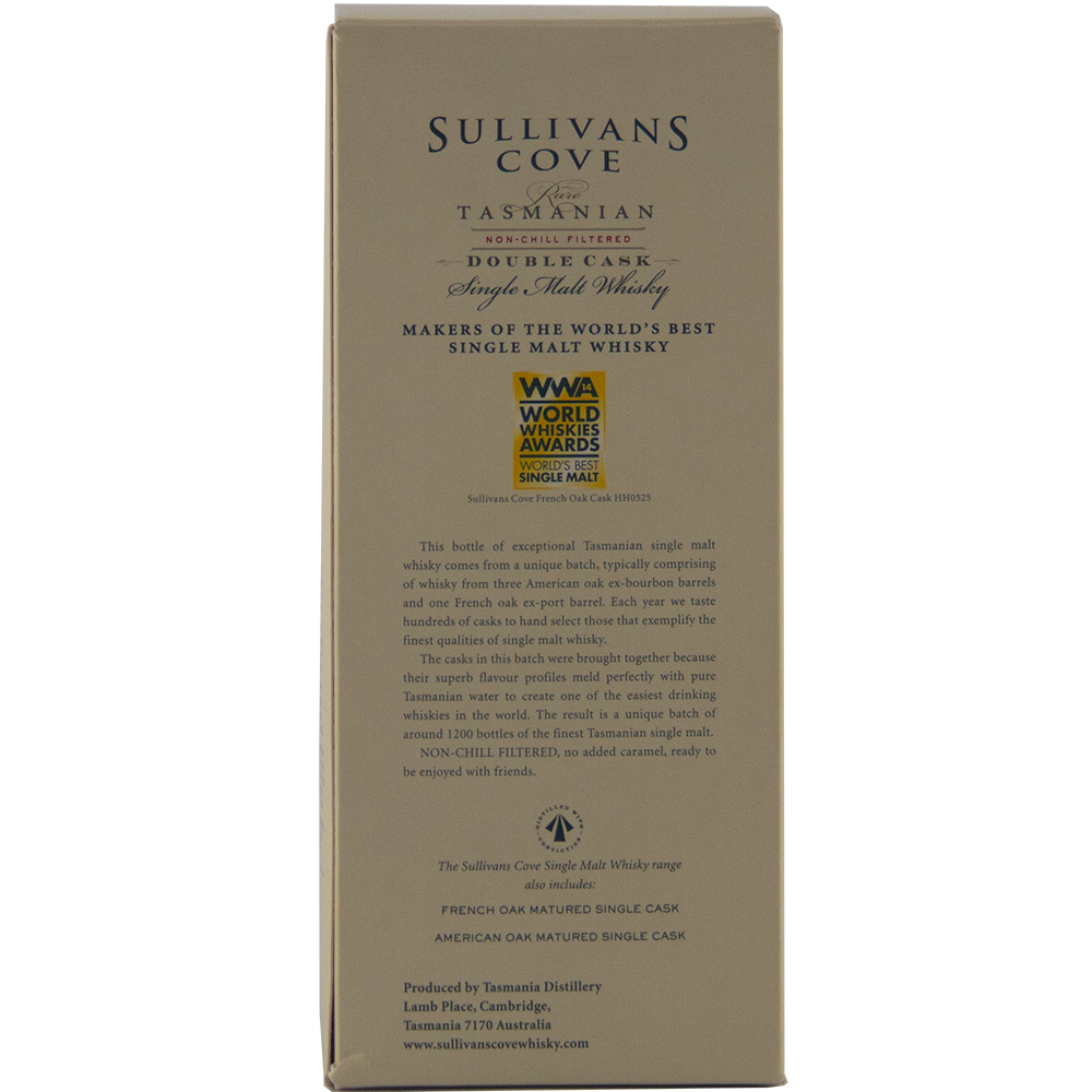 The back of a Sullivans Cove Double Cask DC079 Single Malt Whisky box has gold and black text with details about the Tasmanian single malt, French and American oak cask maturation, awards, tasting notes, two award logos, and contact info at the bottom.