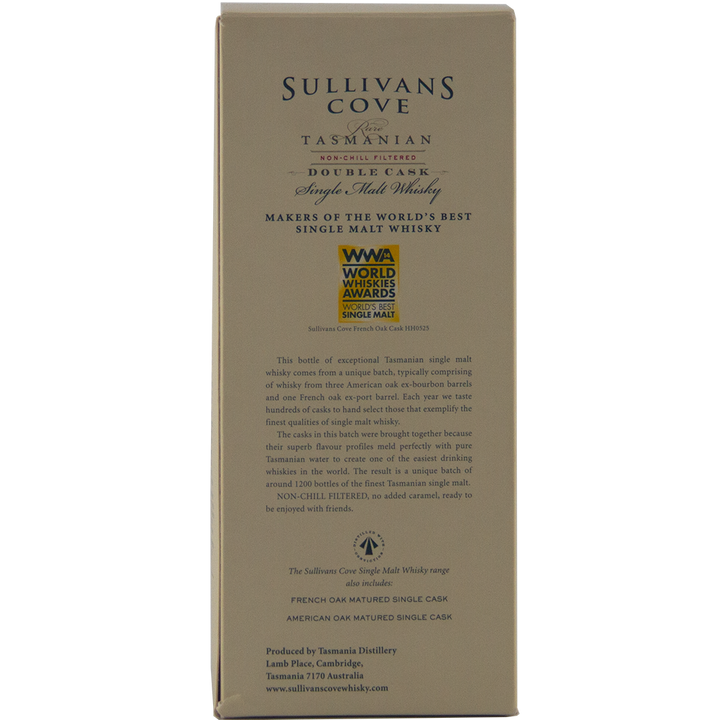 The back of a Sullivans Cove Double Cask DC079 Single Malt Whisky box has gold and black text with details about the Tasmanian single malt, French and American oak cask maturation, awards, tasting notes, two award logos, and contact info at the bottom.