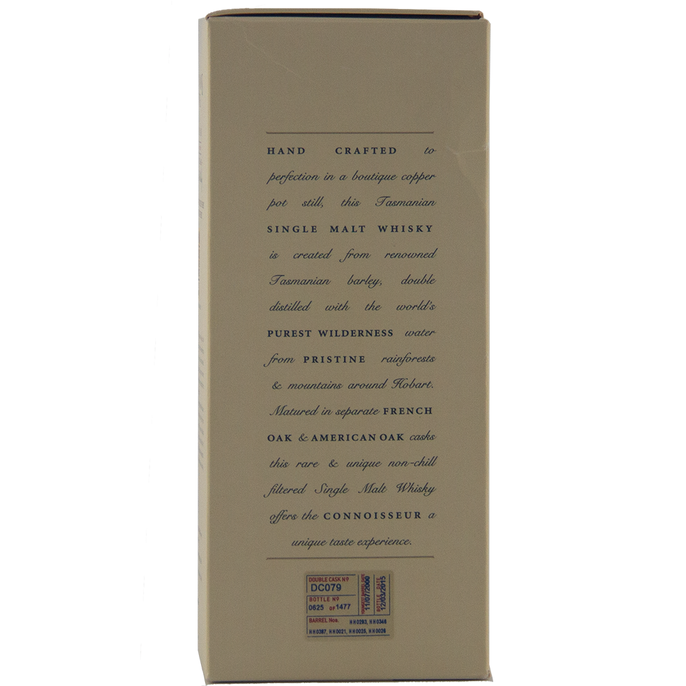 The back of the box describes Sullivans Cove Double Cask DC079 Single Malt Whisky, a handcrafted Tasmanian single malt matured in French and American oak casks for discerning connoisseurs.
