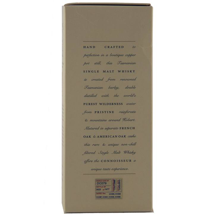 The back of the box describes Sullivans Cove Double Cask DC079 Single Malt Whisky, a handcrafted Tasmanian single malt matured in French and American oak casks for discerning connoisseurs.