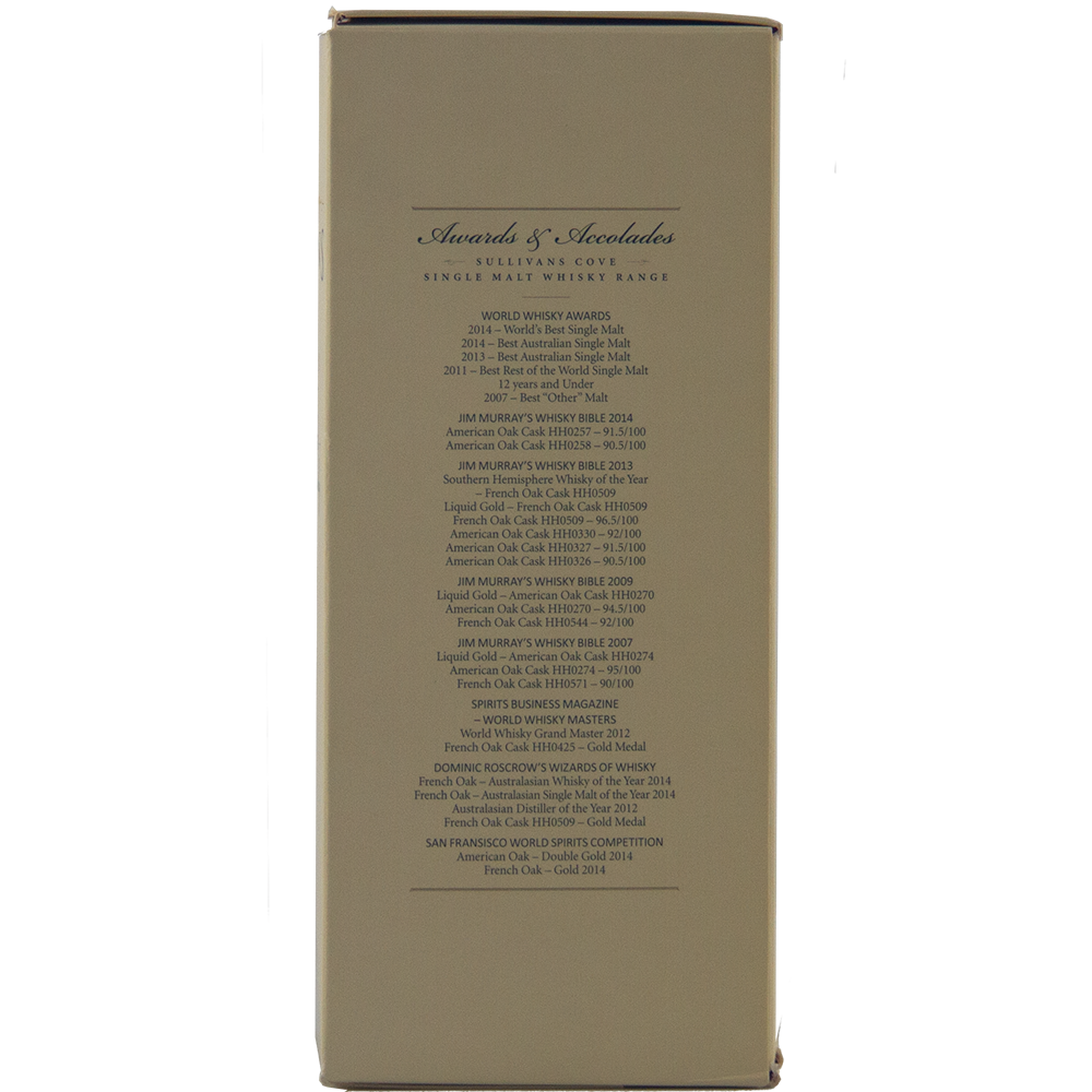 On a light beige background, the back of the Sullivans Cove Double Cask DC079 Single Malt Whisky box lists awards and accolades, including years and competition names in black, for this whisky matured in French and American oak casks.