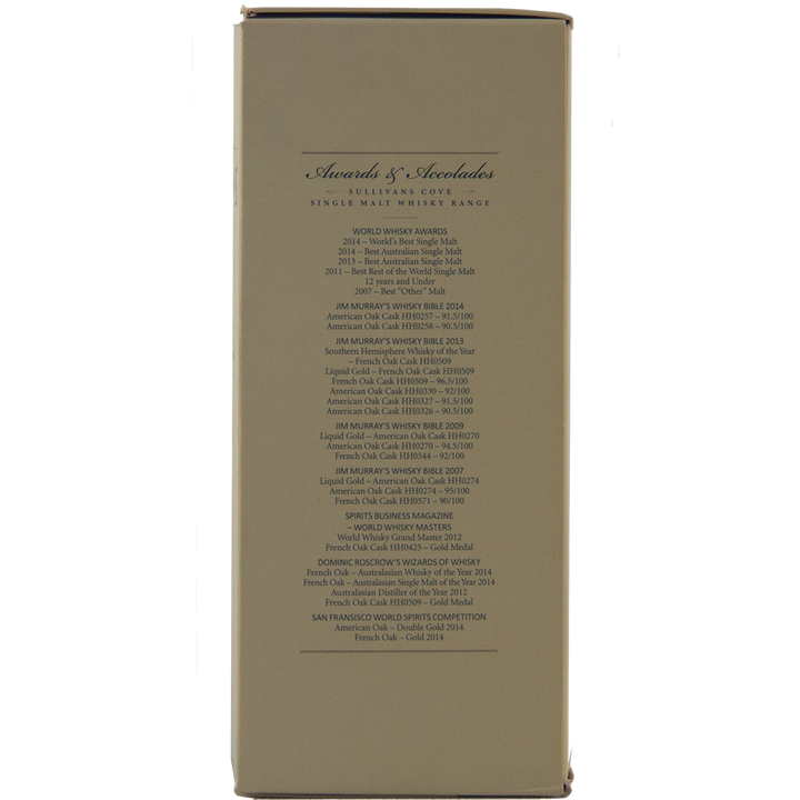 On a light beige background, the back of the Sullivans Cove Double Cask DC079 Single Malt Whisky box lists awards and accolades, including years and competition names in black, for this whisky matured in French and American oak casks.