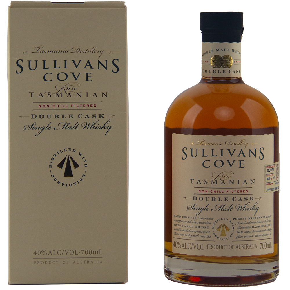 A bottle of Sullivans Cove Double Cask DC079 Single Malt Whisky stands by its beige box, both showing the brand name and details. This 700ml whisky is matured in French and American oak casks and has a 40% alcohol content.