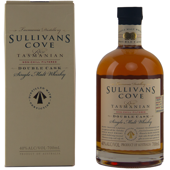 A bottle of Sullivans Cove Double Cask DC079 Single Malt Whisky stands by its beige box, both showing the brand name and details. This 700ml whisky is matured in French and American oak casks and has a 40% alcohol content.