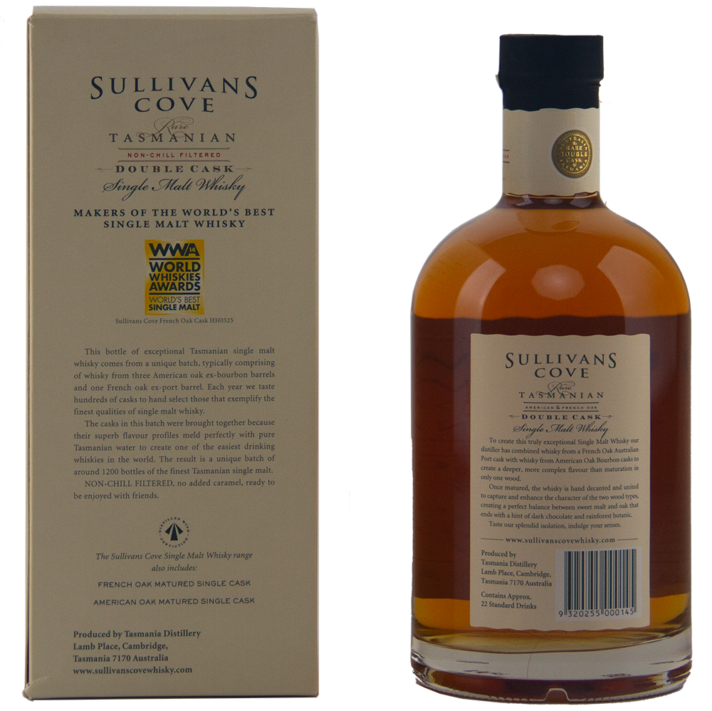 A bottle of Sullivans Cove Double Cask DC079 Single Malt Whisky stands beside its beige box, both featuring black and gold text highlighting product details, awards, and maturation in French and American oak casks.
