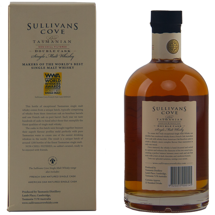 A bottle of Sullivans Cove Double Cask DC079 Single Malt Whisky stands beside its beige box, both featuring black and gold text highlighting product details, awards, and maturation in French and American oak casks.