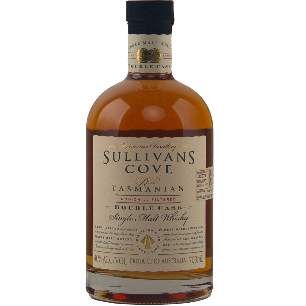 A 700ml bottle of Sullivans Cove Double Cask DC079 Single Malt Whisky, 40% ABV, matured in French and American oak, featuring a cream label with gold accents and a black cap.