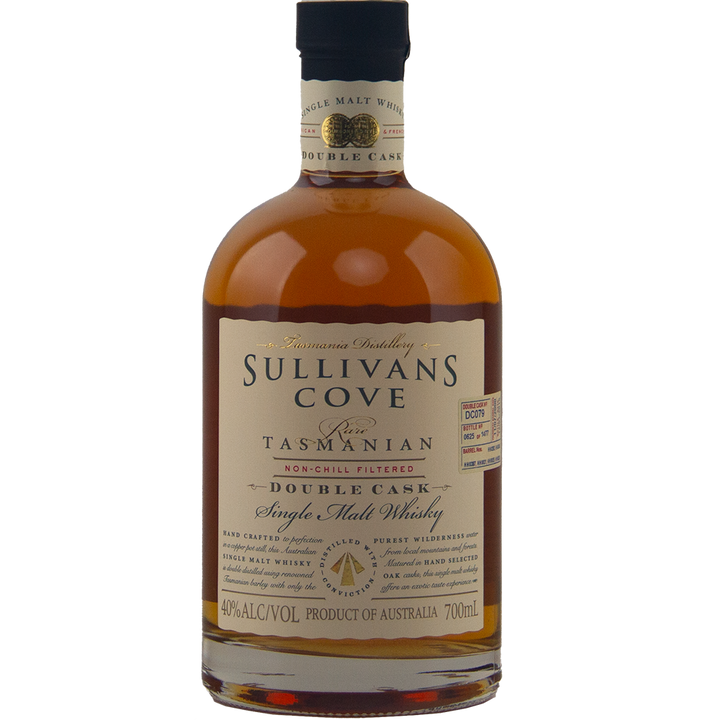 A 700ml bottle of Sullivans Cove Double Cask DC079 Single Malt Whisky, 40% ABV, matured in French and American oak, featuring a cream label with gold accents and a black cap.