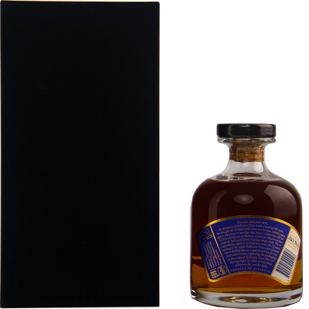 A bottle of Sullivans Cove 21 Year Old Single Malt Whisky with a blue and yellow label stands beside a tall, plain black rectangular box, both set against a white background.