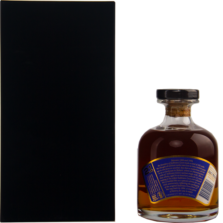 A bottle of Sullivans Cove 21 Year Old Single Malt Whisky with a blue and yellow label stands beside a tall, plain black rectangular box, both set against a white background.