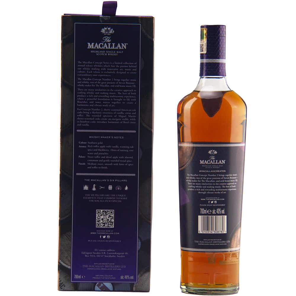 A bottle of The Macallan Concept Number 2 Single Malt Scotch Whisky stands beside its box, featuring a purple label and amber liquid, with the box displaying detailed product info in white text.