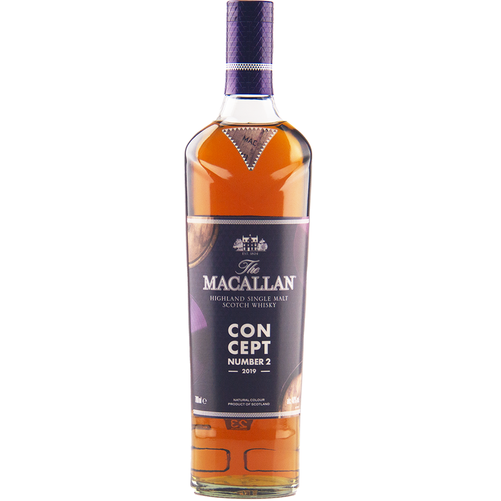 A bottle of The Macallan Concept Number 2 Single Malt Scotch Whisky, the limited 2019 edition, displays a striking purple and gold label on a plain white background.